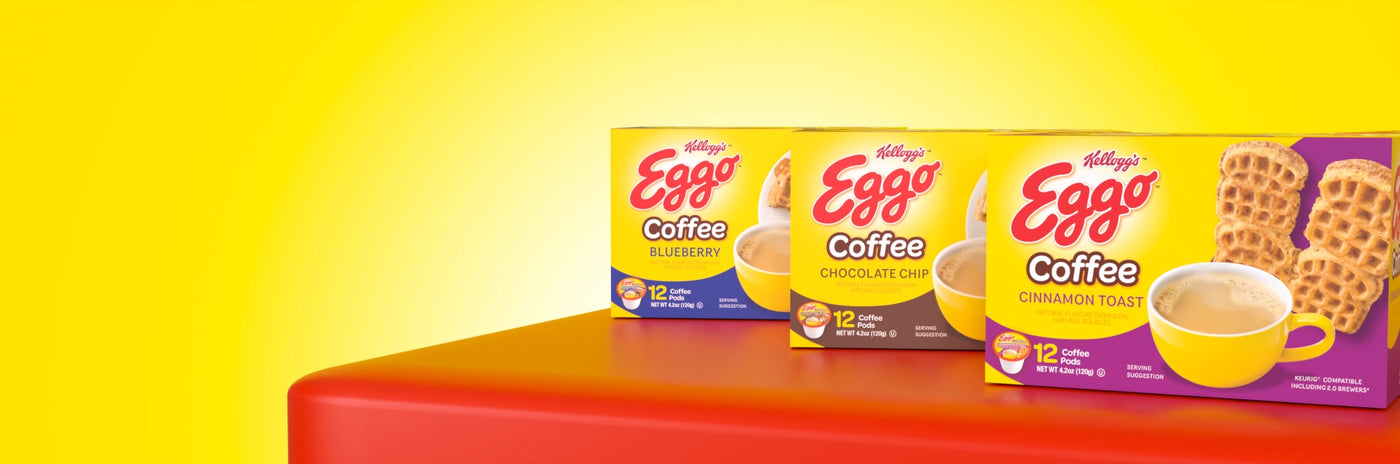 A 3D render of Eggo 12 Count Coffee Boxes. It shows Blueberry, Chocolate chip and Cinnamon Toast